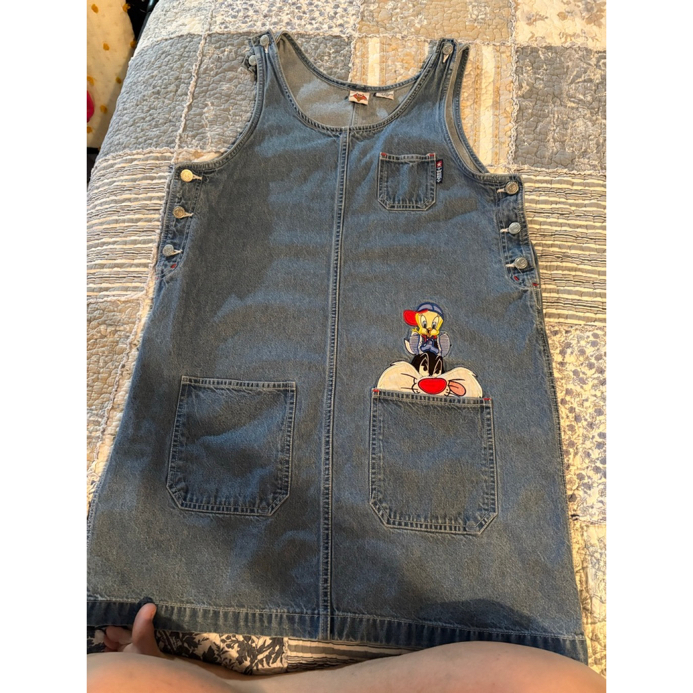 Vintage 90s Looney Tunes Denim Jumper Dress Tweety Sylvester Embroidered‎ dress